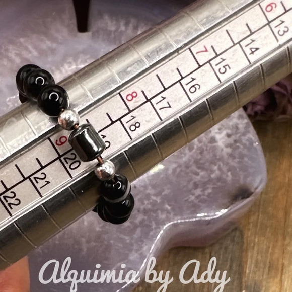 Black agate Silver hematite beaded gem ring band bohemian - Picture 2 of 3